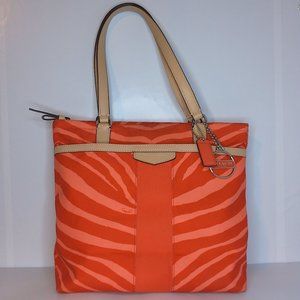 Coach Coral Orange Pre-loved Canvas Zebra Print Tote Bag